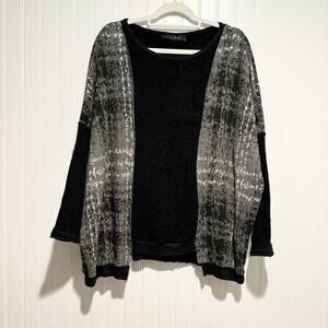 Ozai N Ku Chenille Sweater Lagenlook Black Gray Plaid Size Medium